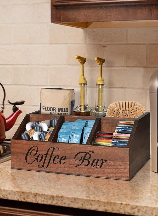 TaqwaMart Coffee Station Organizer for Counter, Wood Coffee Pods Holder Storage Basket, Tea Condiment Storage Organizer, Rustic Coffe Bar Decor for Accessories - Image 1