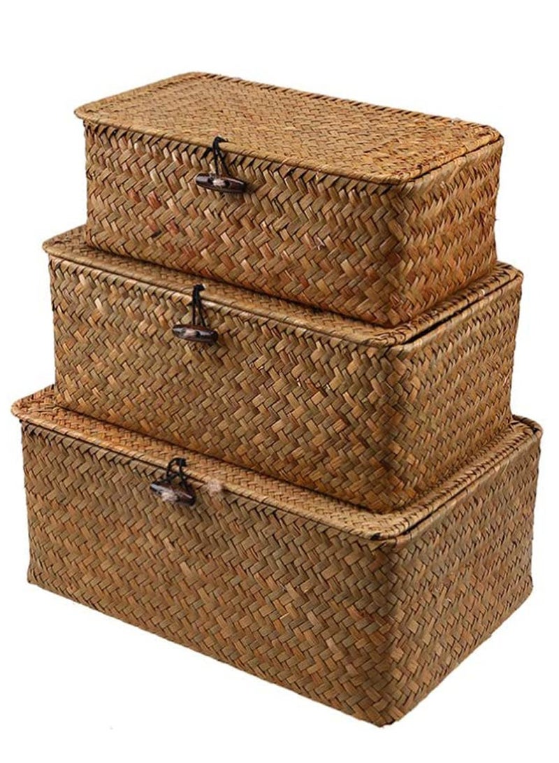LINGWEI Set of 3 Shelf Basket with Lid for Home Decor Seagrass Storage Baskets Natural Rattan Woven Square Organizer Box - Image 1