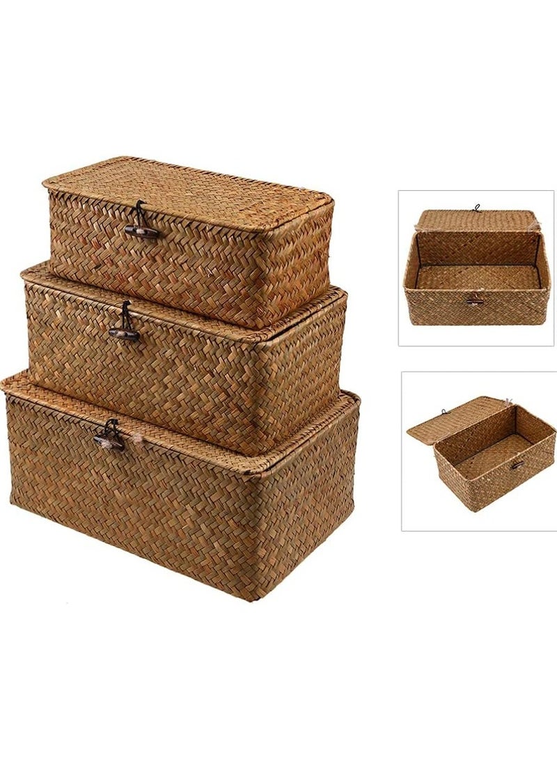 LINGWEI Set of 3 Shelf Basket with Lid for Home Decor Seagrass Storage Baskets Natural Rattan Woven Square Organizer Box - Image 3