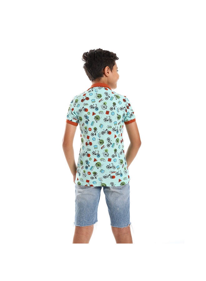 Andora Short Sleeves Street Items Polo Shirt- Mint & Red  - Image 3