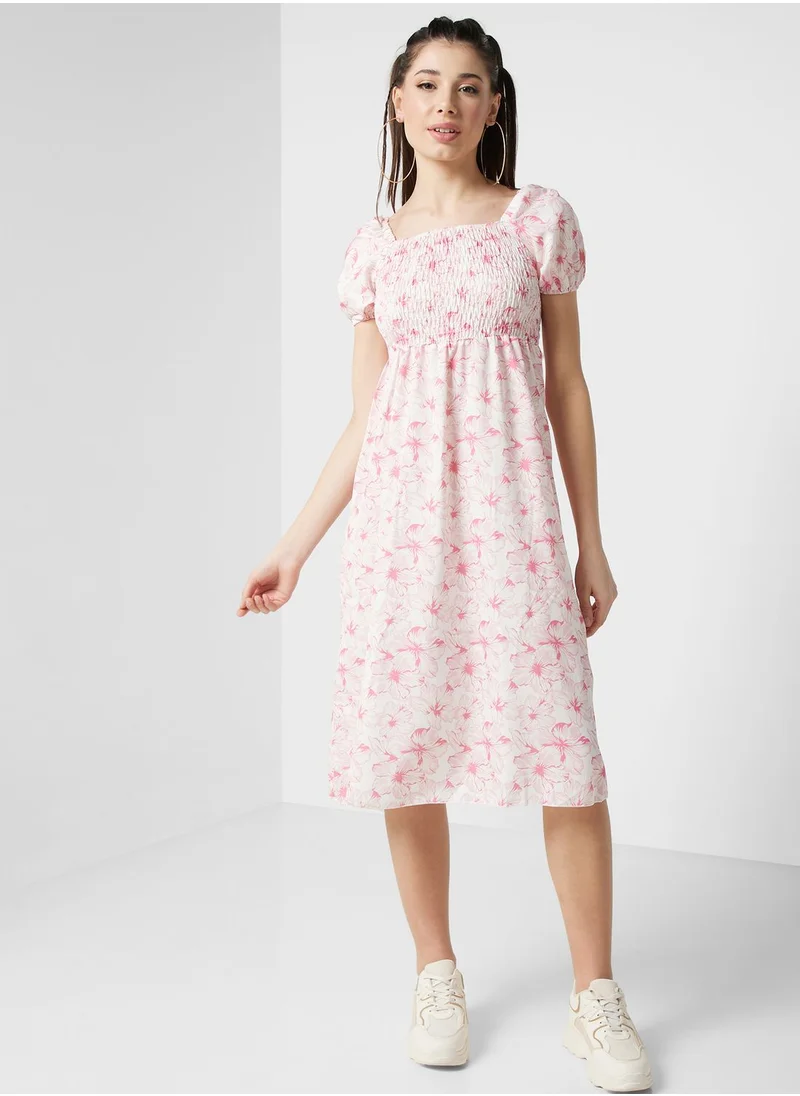Ginger Puff Sleeves Floral Midi Dress