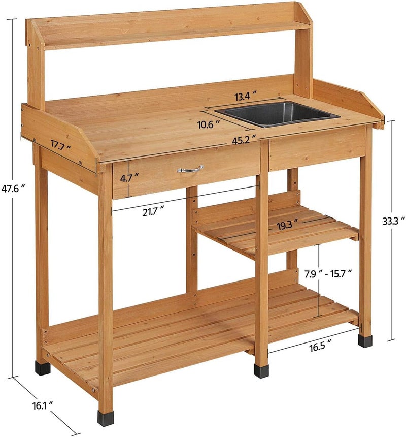 Yaheetech Potting Bench Outdoor Garden Work Bench Station Planting Solid Wood Construction for Horticulture w/Sink Drawer Rack Shelves Natural Wood - Image 3