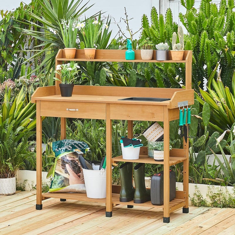 Yaheetech Potting Bench Outdoor Garden Work Bench Station Planting Solid Wood Construction for Horticulture w/Sink Drawer Rack Shelves Natural Wood - Image 2
