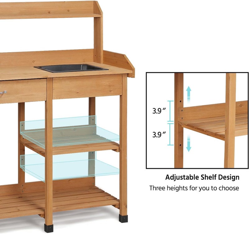 Yaheetech Potting Bench Outdoor Garden Work Bench Station Planting Solid Wood Construction for Horticulture w/Sink Drawer Rack Shelves Natural Wood - Image 5