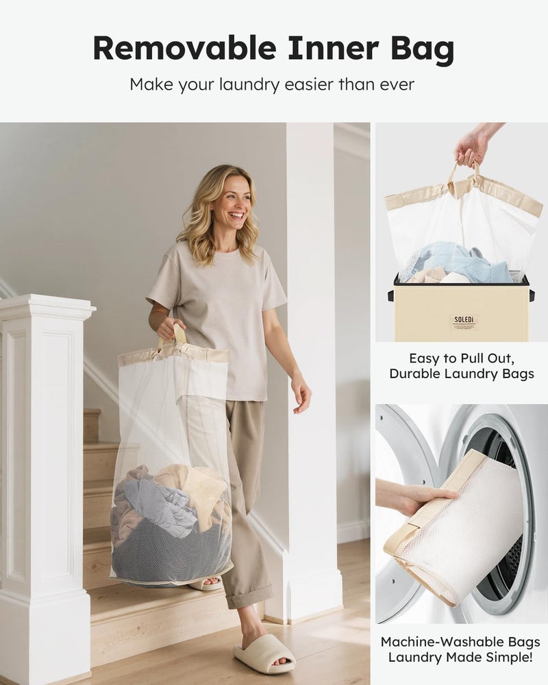 SOLEDI Laundry Hamper with Lid 100L Large & Tall Collapsible Laundry Basket, Clothes Hamper with Bag Removable Easy to Carry, Dirty Hampers for Bedroom, Bathroom, Dorm, College, Beige - Image 4