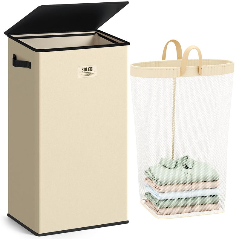SOLEDI Laundry Hamper with Lid 100L Large & Tall Collapsible Laundry Basket, Clothes Hamper with Bag Removable Easy to Carry, Dirty Hampers for Bedroom, Bathroom, Dorm, College, Beige - Image 1