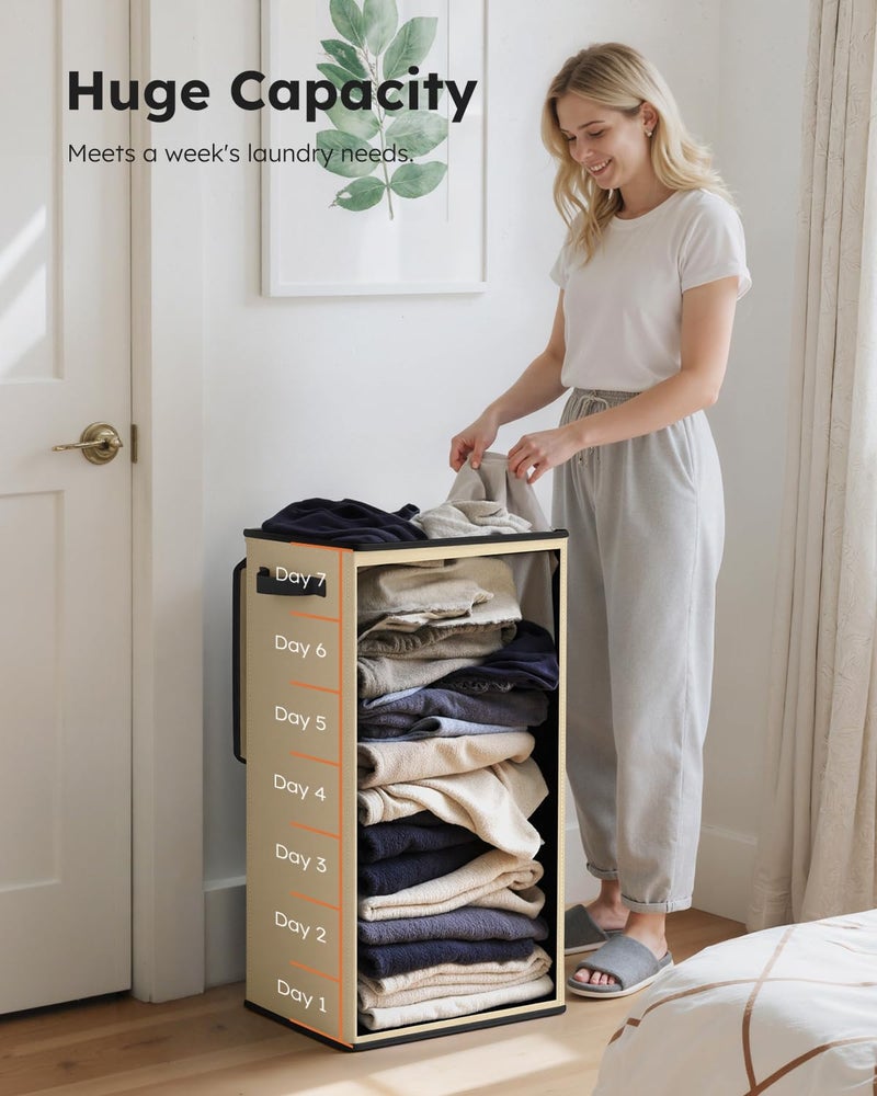 SOLEDI Laundry Hamper with Lid 100L Large & Tall Collapsible Laundry Basket, Clothes Hamper with Bag Removable Easy to Carry, Dirty Hampers for Bedroom, Bathroom, Dorm, College, Beige - Image 3