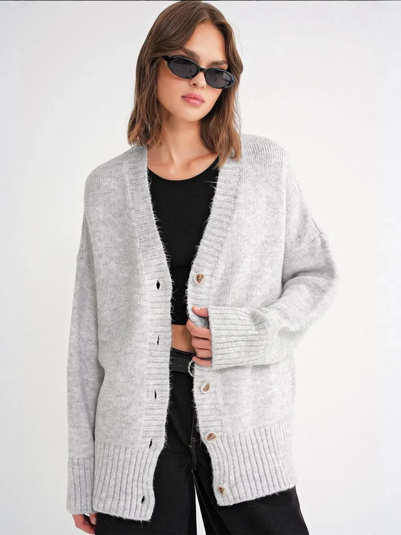 MixRay Mixray Buttoned V-Neck Ribbed Knit Cardigan