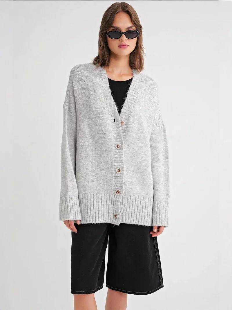 Mixray Grey Mixray Buttoned V-Neck Ribbed Knit Cardigan for Women | Best Price UAE