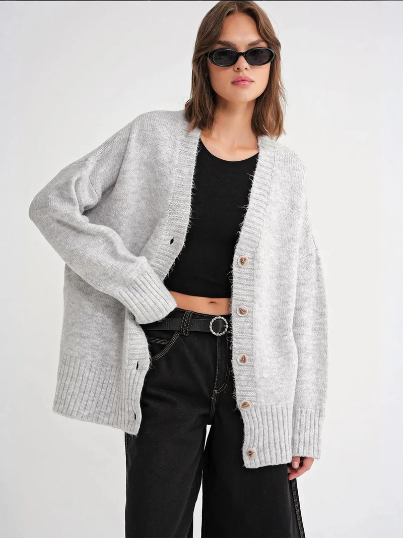 Mixray Grey Mixray Buttoned V-Neck Ribbed Knit Cardigan for Women | Best Price UAE
