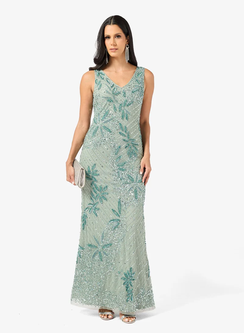 Plunge Neck Bead Embellished Evening Gown