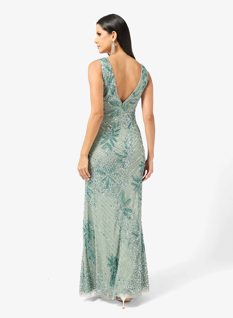 Namshi x  Plunge Neck Bead Embellished Evening Gown for Women | Best Price UAE