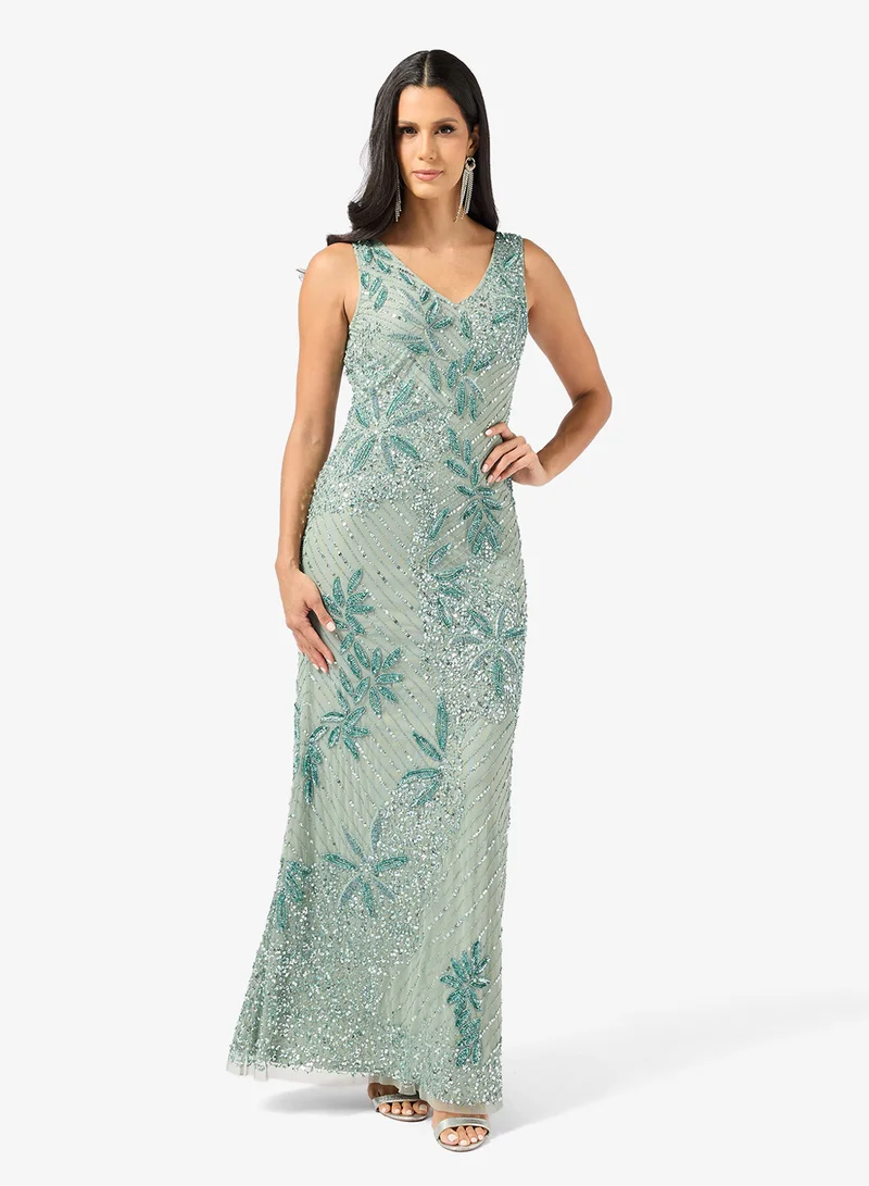 Namshi x  Plunge Neck Bead Embellished Evening Gown for Women | Best Price UAE