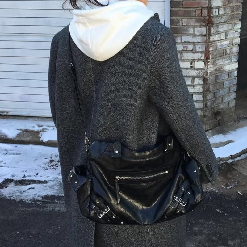 Deinet South Korea Niche Tote Bag Large Drawstring Large Capacity Mobile Bag Rivet Hand Shoulder Crossbody Bag For Women - Image 3
