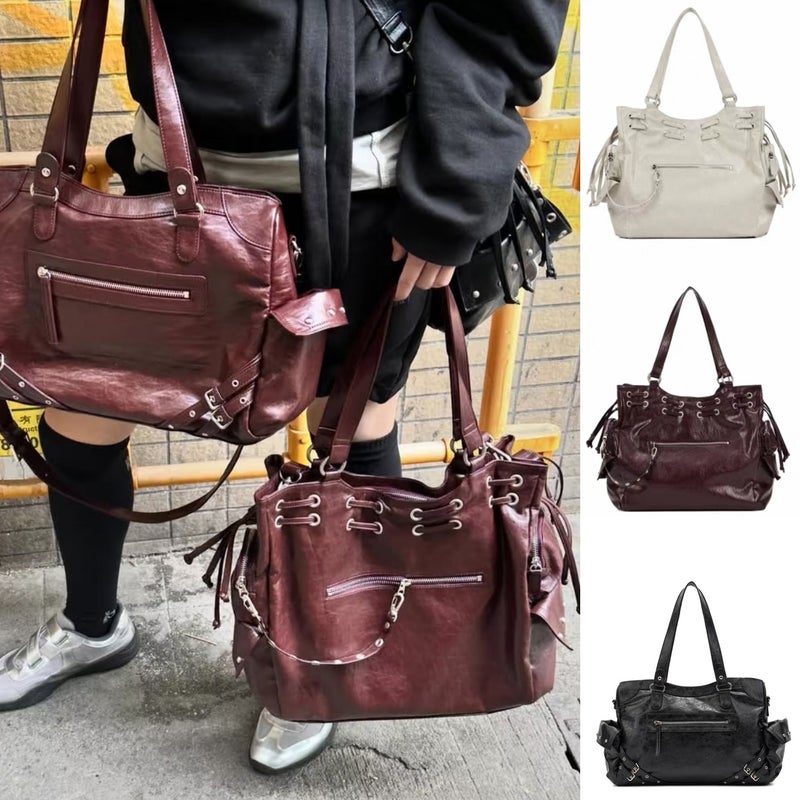 Deinet South Korea Niche Tote Bag Large Drawstring Large Capacity Mobile Bag Rivet Hand Shoulder Crossbody Bag For Women - Image 2