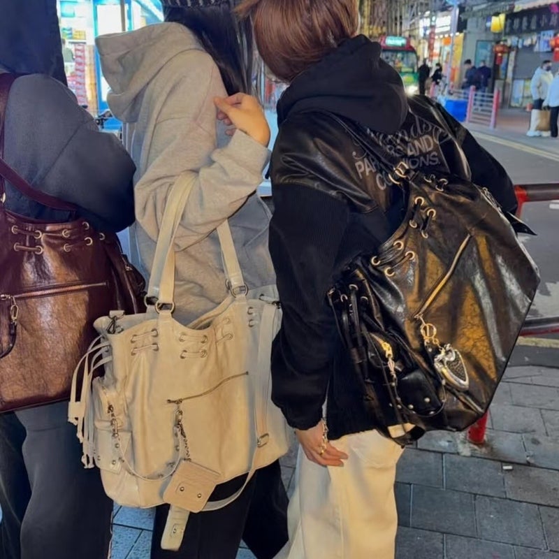 Deinet South Korea Niche Tote Bag Large Drawstring Large Capacity Mobile Bag Rivet Hand Shoulder Crossbody Bag For Women - Image 5