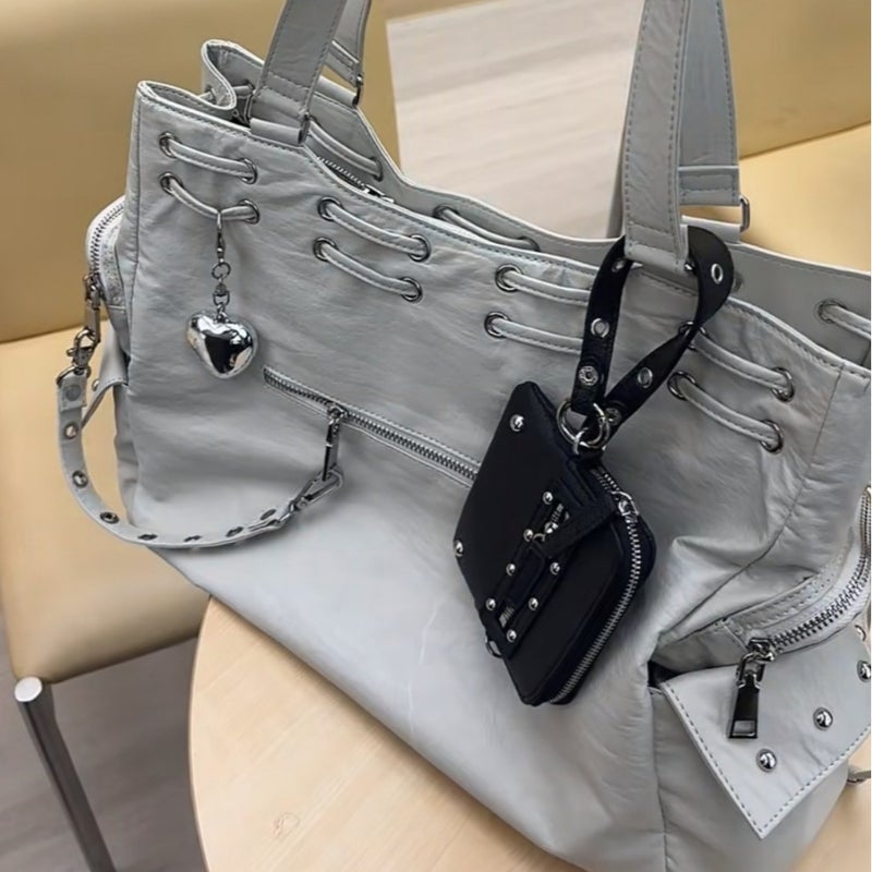 Deinet South Korea Niche Tote Bag Large Drawstring Large Capacity Mobile Bag Rivet Hand Shoulder Crossbody Bag For Women - Image 4