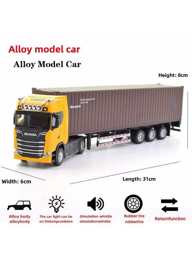 Scania Alloy Container Container Car Model Simulation Tractor Semi-trailer Double-deck Transport Toy-Color:Yellow Scania Tractor + Brown COSCO Container Truck  - Image 1