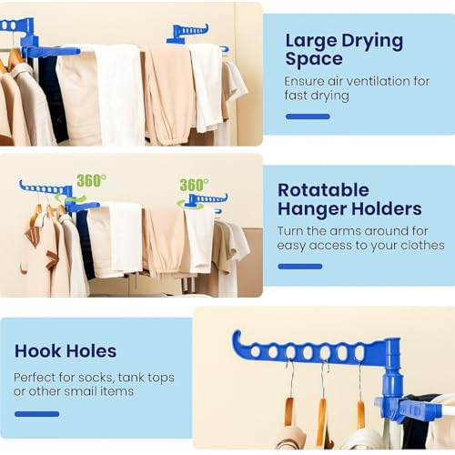 FLIPZON Premium 3 Layer Clothes Drying Stand with Wheels | Foldable Wings | Double Pole Alloy Steel Rack | 360° Rotatable Hanger Rods | Portable Balcony Laundry Dryer (White & Blue) - Image 4