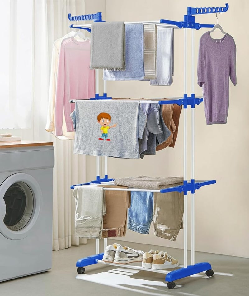 FLIPZON Premium 3 Layer Clothes Drying Stand with Wheels | Foldable Wings | Double Pole Alloy Steel Rack | 360° Rotatable Hanger Rods | Portable Balcony Laundry Dryer (White & Blue) - Image 1