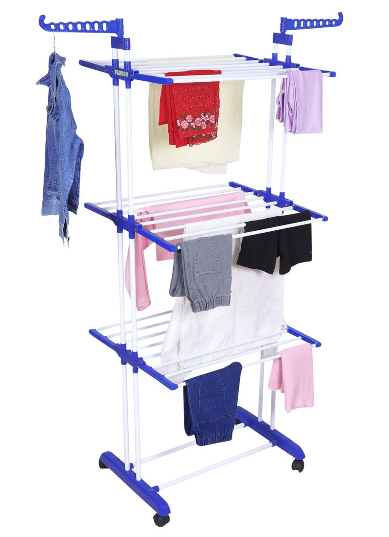 FLIPZON Premium 3 Layer Clothes Drying Stand with Wheels | Foldable Wings | Double Pole Alloy Steel Rack | 360° Rotatable Hanger Rods | Portable Balcony Laundry Dryer (White & Blue) - Image 3