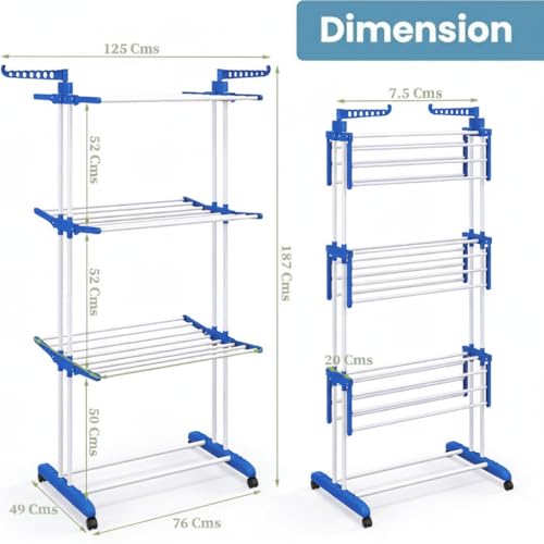 FLIPZON Premium 3 Layer Clothes Drying Stand with Wheels | Foldable Wings | Double Pole Alloy Steel Rack | 360° Rotatable Hanger Rods | Portable Balcony Laundry Dryer (White & Blue) - Image 2