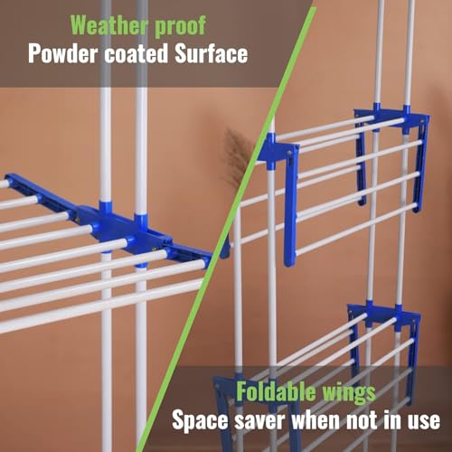 FLIPZON Premium 3 Layer Clothes Drying Stand with Wheels | Foldable Wings | Double Pole Alloy Steel Rack | 360° Rotatable Hanger Rods | Portable Balcony Laundry Dryer (White & Blue) - Image 5