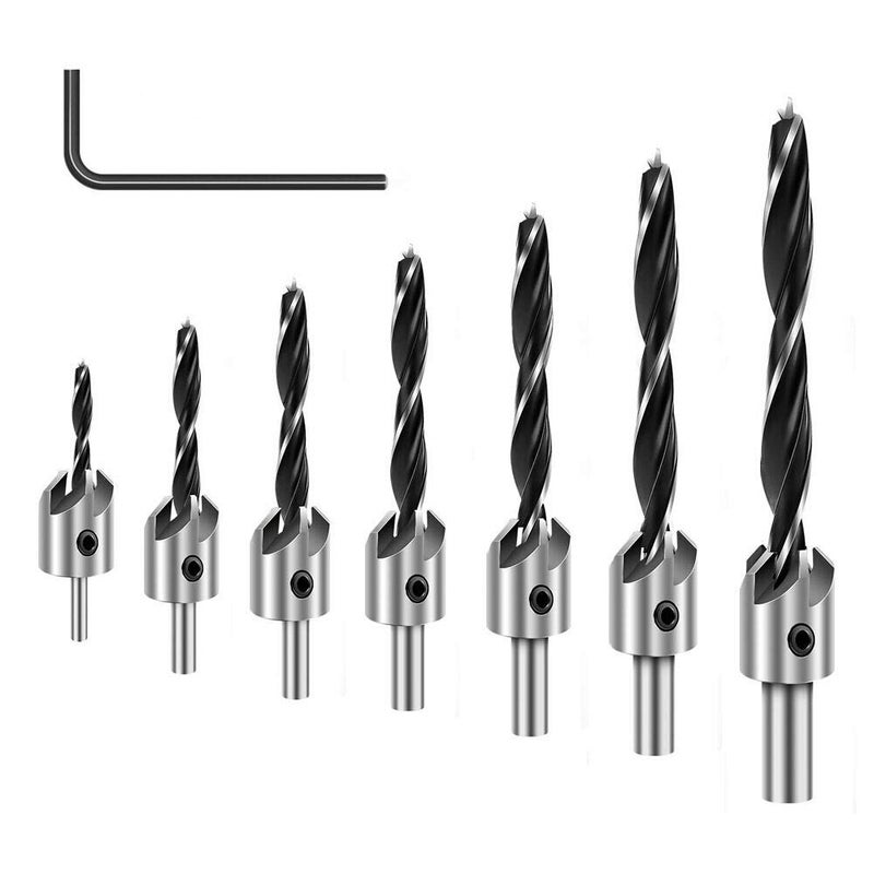 COMOWARE Countersink Drill Bits Set- 7Pcs Counter Sink Bit for Wood High Speed Steel, Woodworking Carpentry Reamer with 1 Free Hex Key Wrench - Image 1