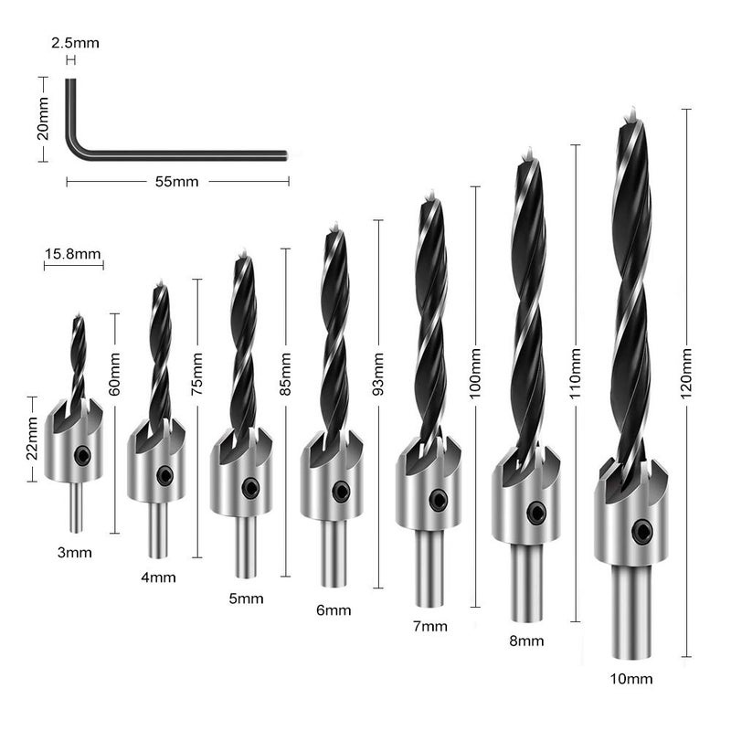 COMOWARE Countersink Drill Bits Set- 7Pcs Counter Sink Bit for Wood High Speed Steel, Woodworking Carpentry Reamer with 1 Free Hex Key Wrench - Image 5