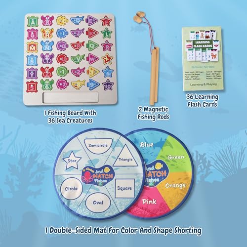Lefan Wooden 3in1 Fishing Rope Game - Educational Toys for 3 Year Old - Magnetic Rope, Spelling Learning, ABCD for Kids, Color and Shape Sorting, Montessori Kids Activity Toys, 2 Years - Image 2