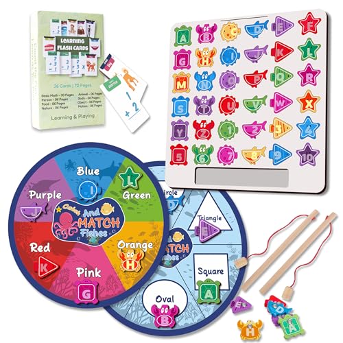 Lefan Wooden 3in1 Fishing Rope Game - Educational Toys for 3 Year Old - Magnetic Rope, Spelling Learning, ABCD for Kids, Color and Shape Sorting, Montessori Kids Activity Toys, 2 Years - Image 1