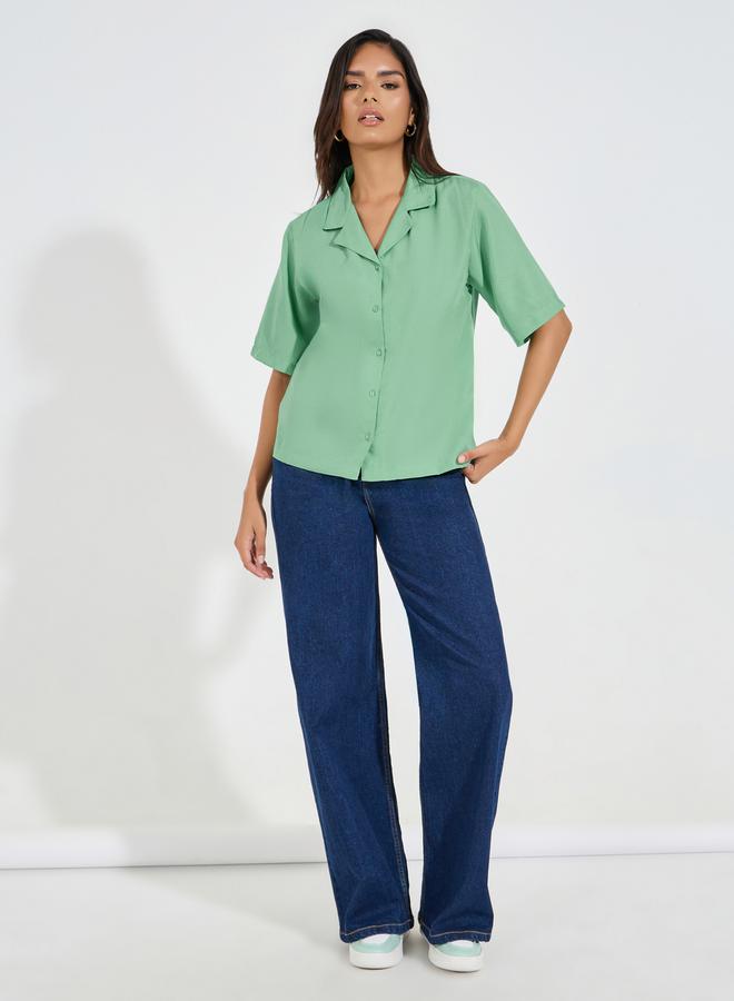 Styli Solid Loose Fit Buttoned Shirt with Lapel Collar - Image 2