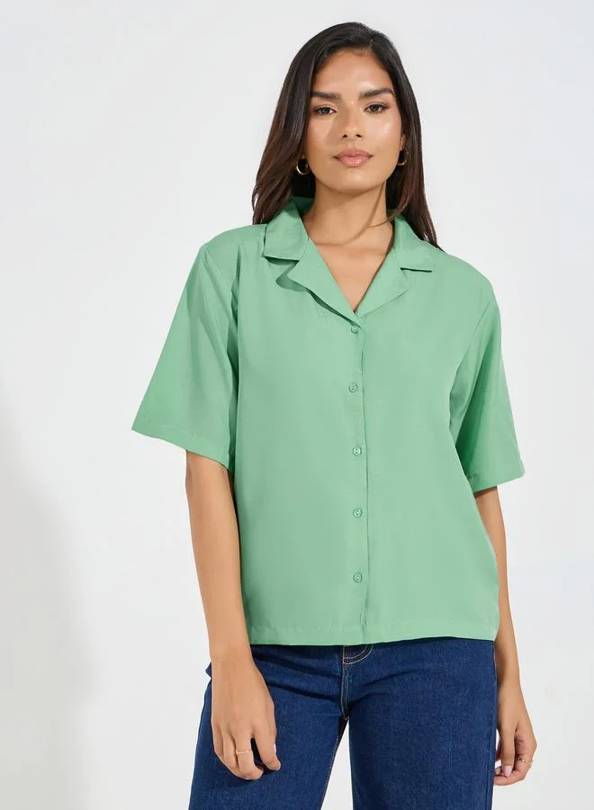 Styli Solid Loose Fit Buttoned Shirt with Lapel Collar