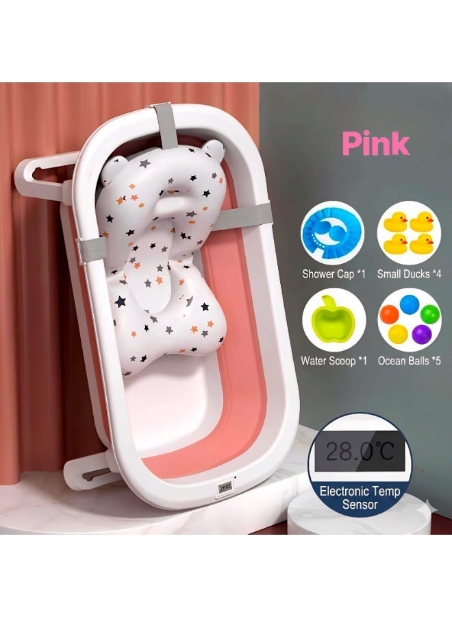 My Pumpkin Baby Bathtub Portable with Baby Cushion Collapsible Toddler Bathtub with Bath toys and shower cap with Digital Thermometer  Pink - Image 1
