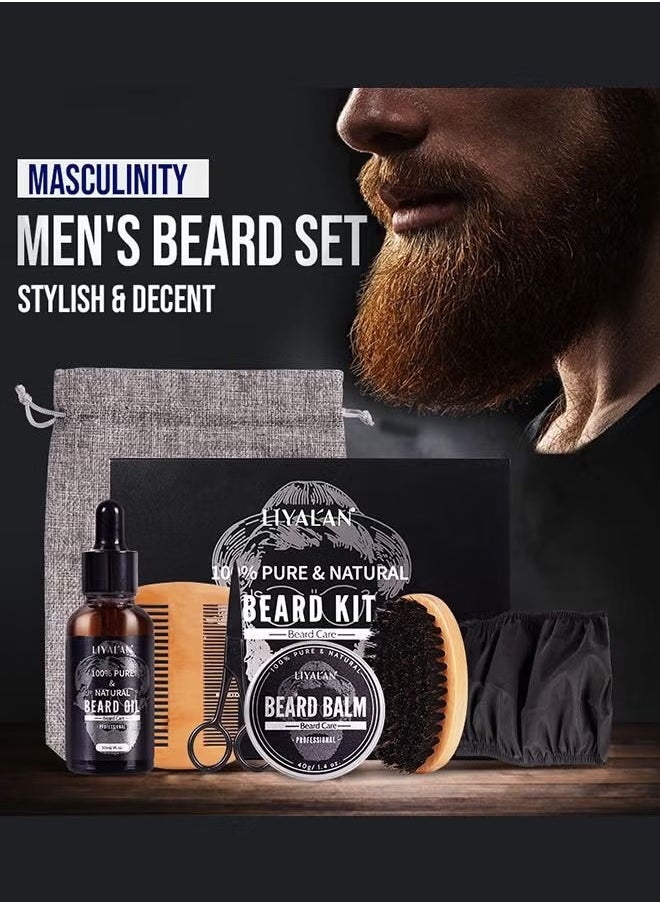 LIYALAN - Beard Kit For Men Grooming & Care W/Beard Wash/Shampoo - Beard Growth Oil,Beard Balm Leave-in Conditioner,Beard Comb,Beard Brush,Beard Scissor -100% Pure & Organic Beard Growth Kit(7 Packs/ Set) - Image 1