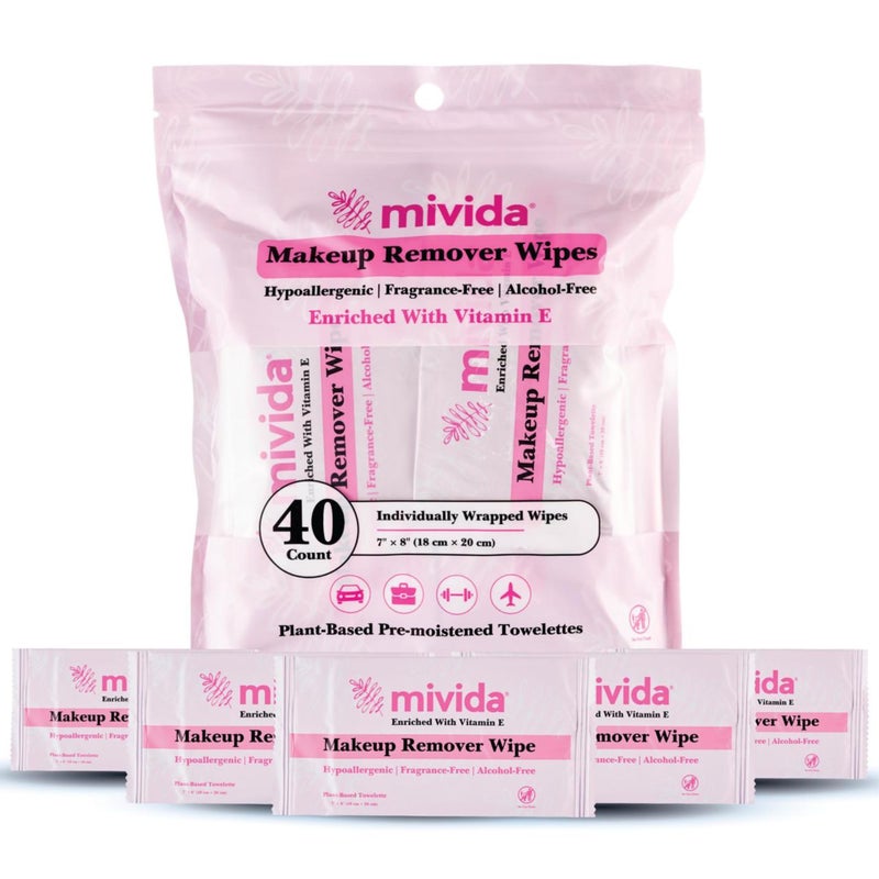 mivida 40 Count Hypoallergenic makeup wipes individually wrapped with Vitamin E | Dermatologist Tested Face Wipes | Alcohol-Free, Fragrance Free individual makeup remover wipes for Sensitive Skin - Image 1