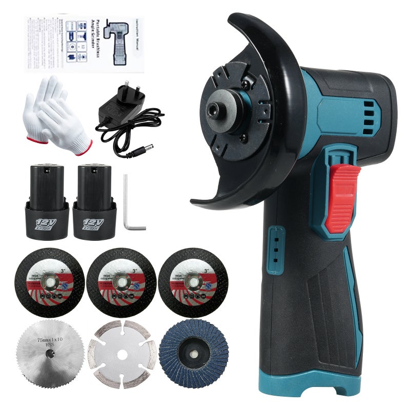 12V Cordless Brush Angle Grinder Kit, Ginding Disc 3 Inch/76mm, Lightweight Angle Grinder Tool w/ 2PCS 1300mAh Lithium-Ion Battery & Charger, Ergonomic Button Position for Reducing Hand Pressure Include 6PCS Cutting Disc