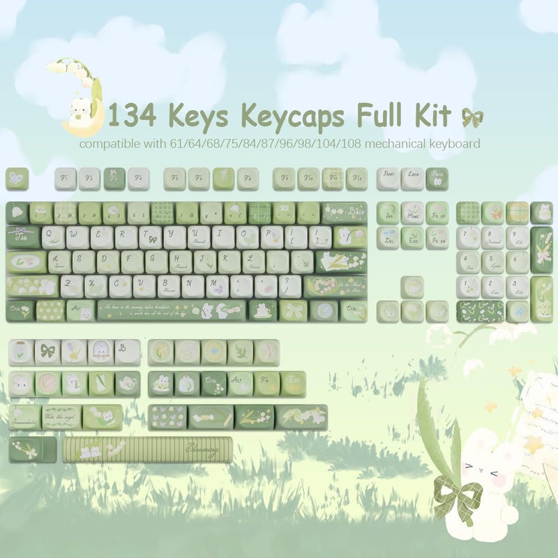 TYRIXKI PBT Keycaps 134 Keys MOA Profile Cute Keycaps Dye-Sublimation Green Bunny Keycap Custom Keycap Set for Cherry Gateron MX Swithes Mechanical Keyboards - Image 4