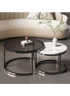 Set of 2 Modern Nesting Tables, Set Coffee Table, Round Sofa Side Table, Living Room, Tempered Glass Top and Black Metal Frame, (70cm Tall and 50cm Small)