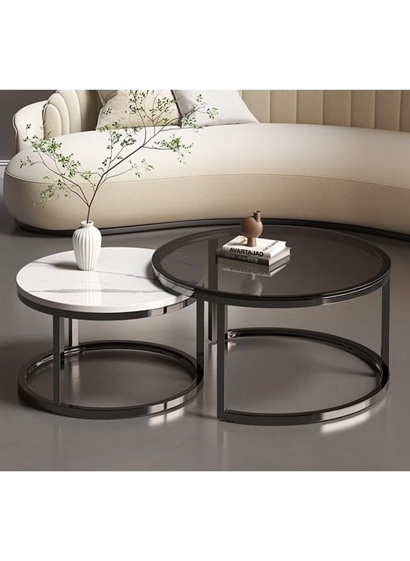DubaiGallery - Set of 2 Modern Nesting Tables, Set Coffee Table, Round Sofa Side Table, Living Room, Tempered Glass Top and Black Metal Frame, (70cm Tall and 50cm Small) - Image 1