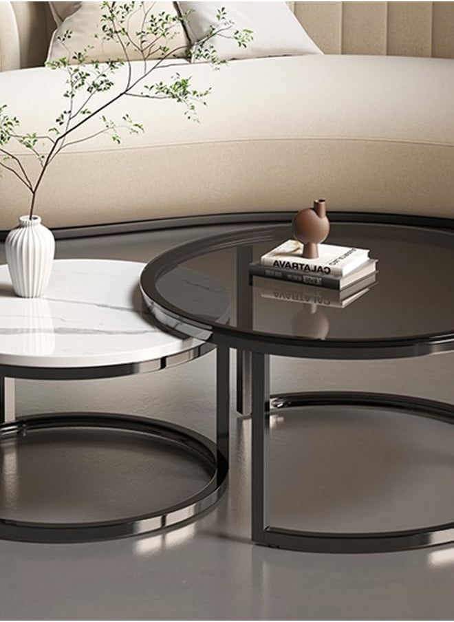 DubaiGallery - Set of 2 Modern Nesting Tables, Set Coffee Table, Round Sofa Side Table, Living Room, Tempered Glass Top and Black Metal Frame, (70cm Tall and 50cm Small) - Image 1