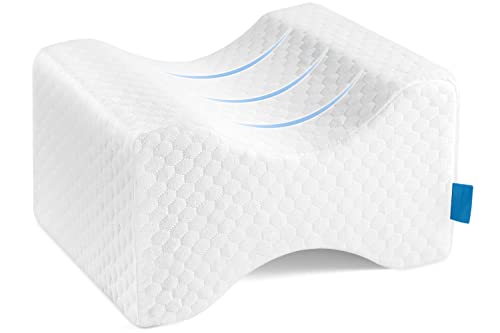 LESUMI Memory Foam Knee Pillow Sleeping Leg Pillow for Side Sleepers  Pregnant Women  for Spinal Alignment Relief Sciatica Knee Back Leg  Hip Pain with Washable Cover  Travel Bag White