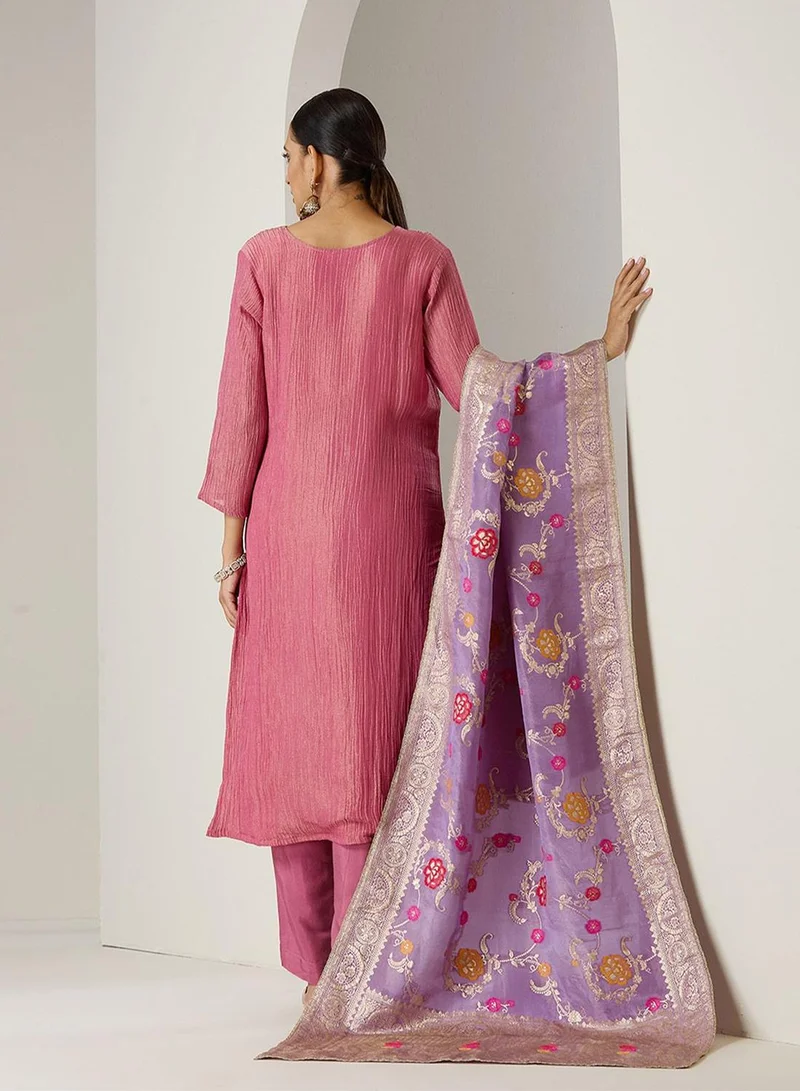 آي شين Women's Pink Tissue Printed Tunic Full Length Casual Regular Fit Kurta Set