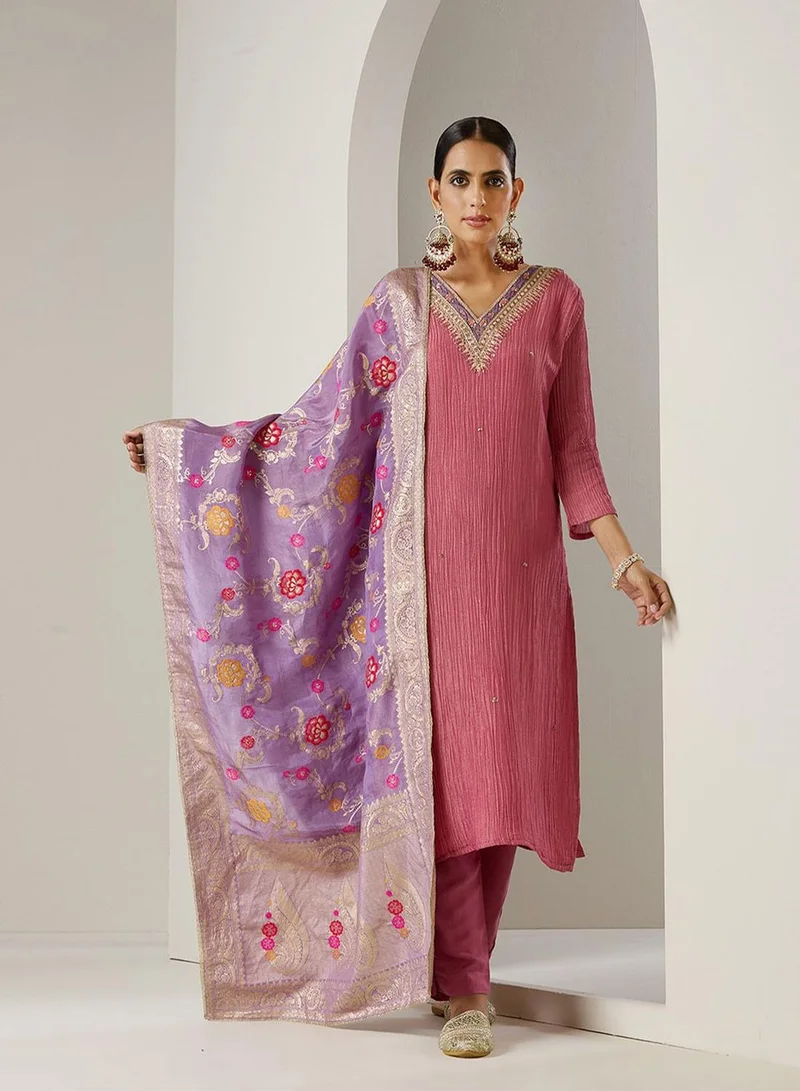 آي شين Women's Pink Tissue Printed Tunic Full Length Casual Regular Fit Kurta Set