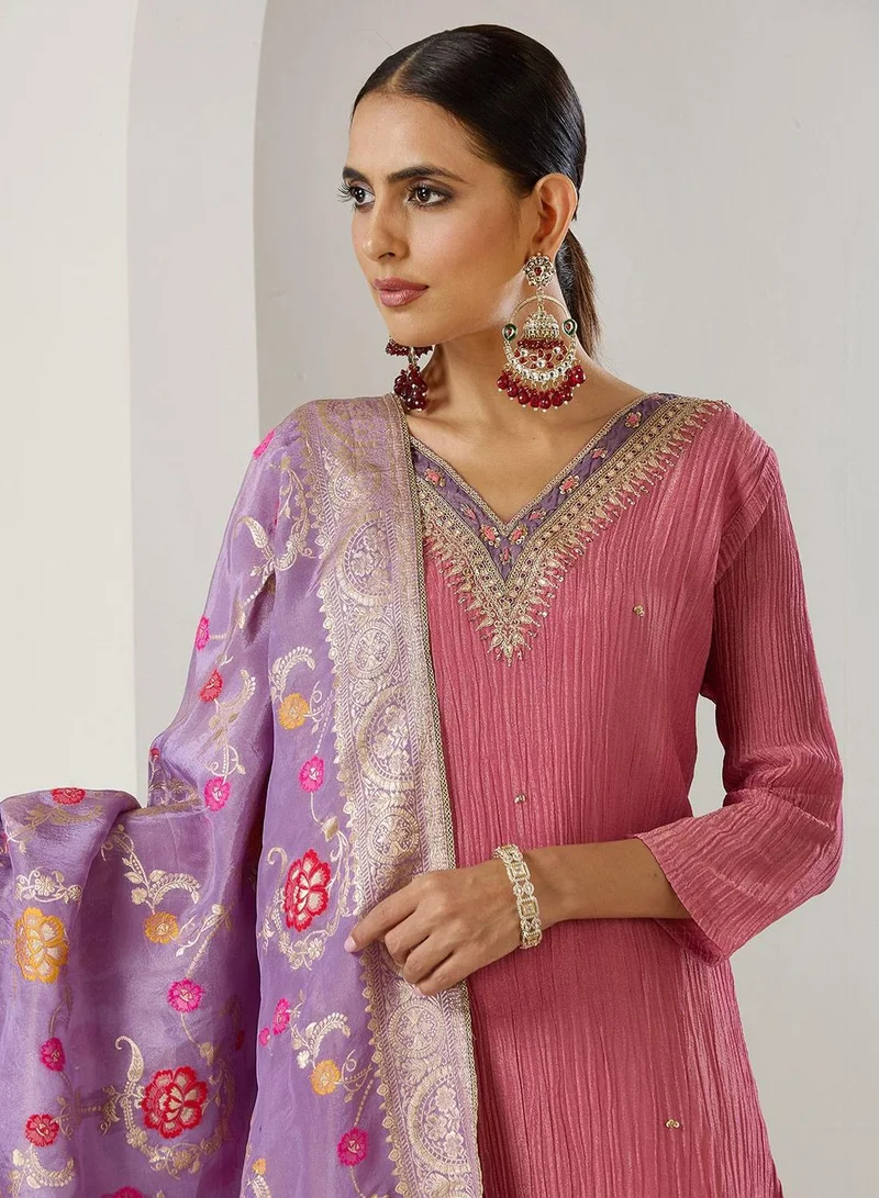 آي شين Women's Pink Tissue Printed Tunic Full Length Casual Regular Fit Kurta Set