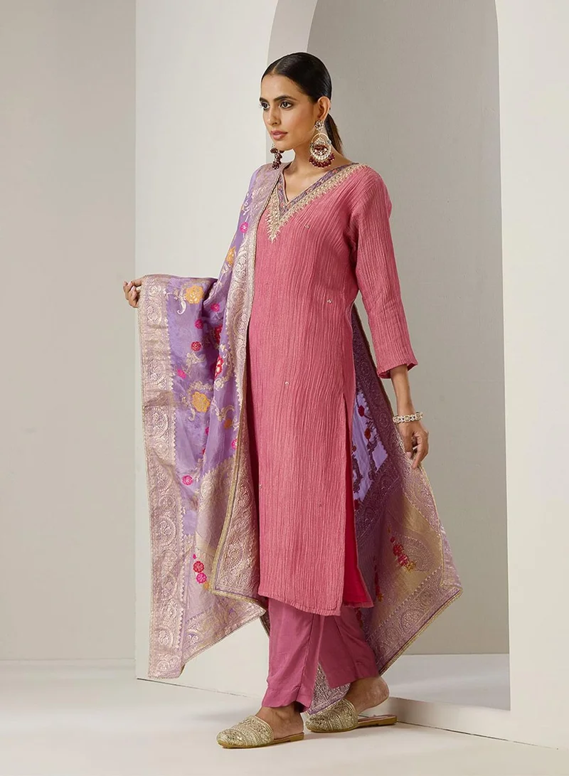 آي شين Women's Pink Tissue Printed Tunic Full Length Casual Regular Fit Kurta Set