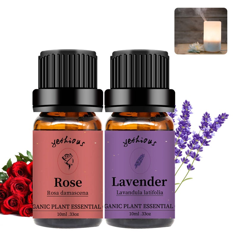 yethious 2 Pack Lavender Rose Essential Oil Set 100 Pure Organic Lavender Aromatherapy Oil Rose Fragance Oil for Diffuser Essential Oil Set