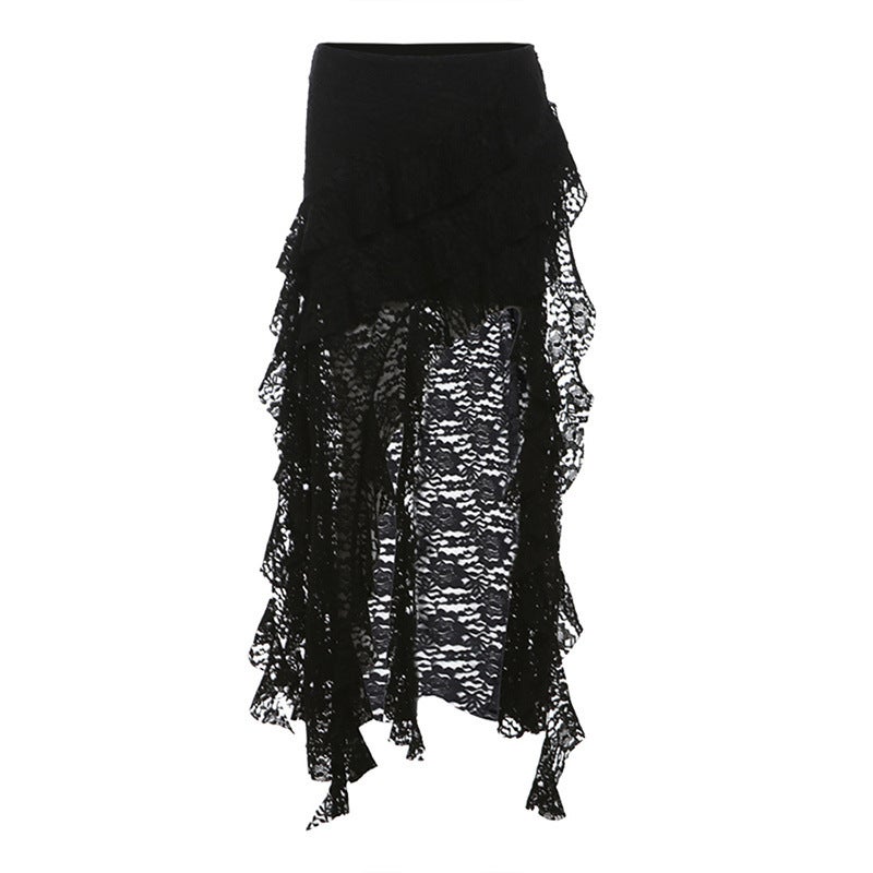 Lotus Leaf Splicing Lace Slimming High Waist Skirt Hot Girl Design Short Skirt New Summer Irregular Cake Long Skirt Black lined elastic waist 