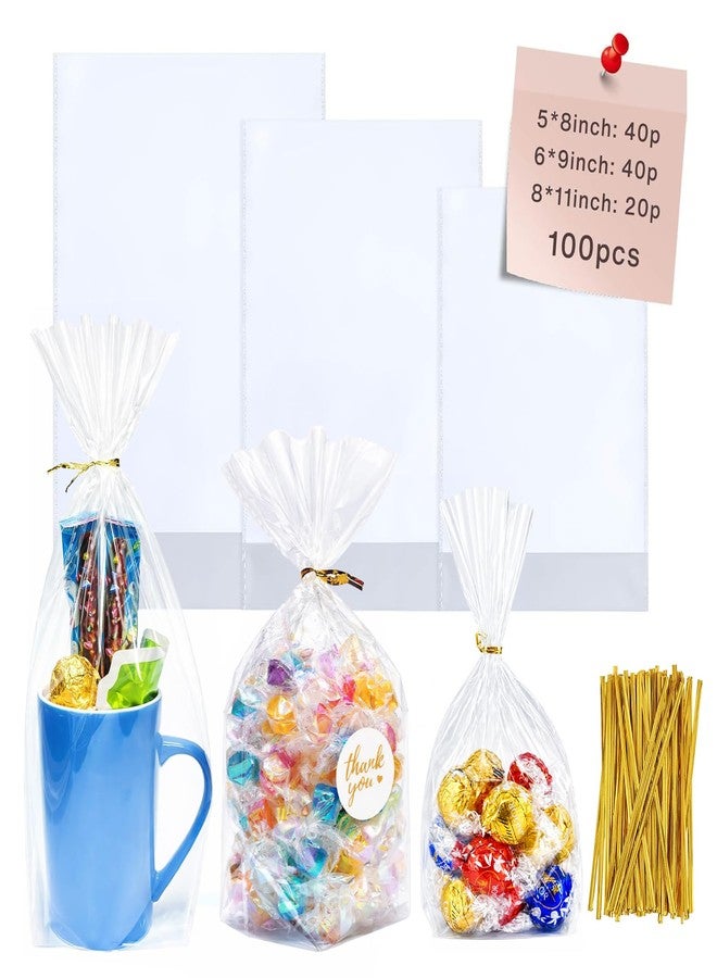 Cherodada Clear Cellophane Treat Bags with Ties, 5"x 8", 6"x 9", 8"x 11" (100 pcs) Bottom Gusset Bags, Clear Gift Bags for Party Favor, Gift Wrapping, Wrapping Candies, Cookies, Chocolates, Popcorn - Image 1
