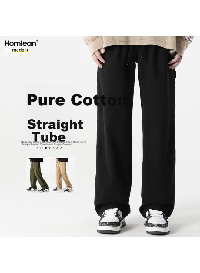 Homlean Style Workwear Men's Spring And Summer Loose-fit Pure Cotton Vintage Lumberjack Straight Casual Pants 8335 Black XL - Image 2
